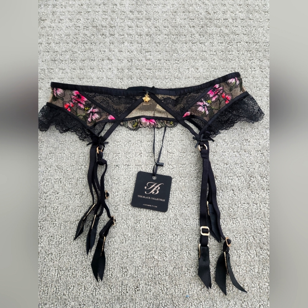 Honey Birdette Black and Pink Lace Garter Belt